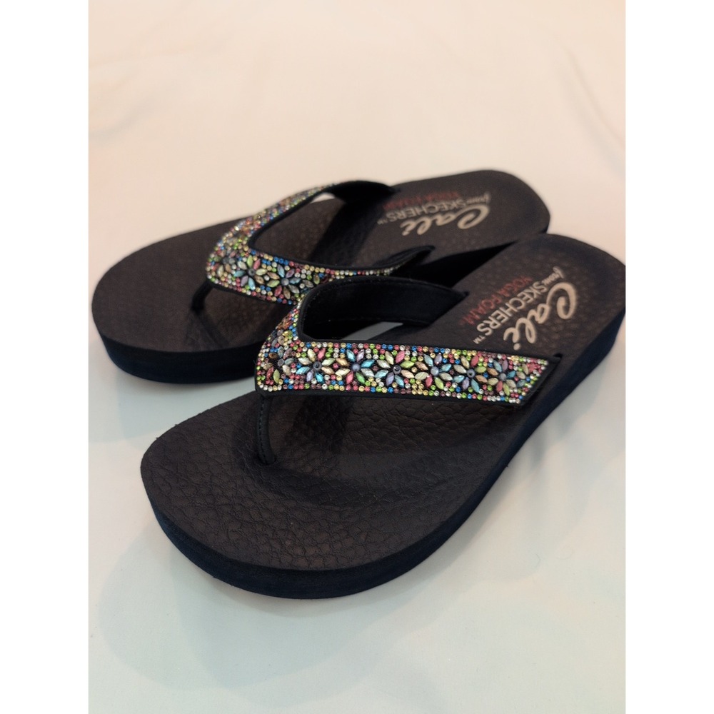 Skechers Cali Yoga Foam Womens Sandals Flip Flops Rhinestone Floral Blue Sz 8